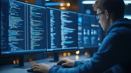 young programmer working with multiple monitors in a dimly lit office