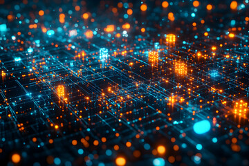 Glowing blockchain cubes with neon blue and orange lights on a dark teal background