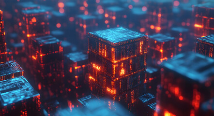 3d render of computer code warehouses on a blue background for software development