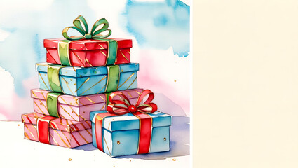 Wall Mural - Happy Birthday Gifts: A beautiful watercolor illustration of gift boxes with the words. 2