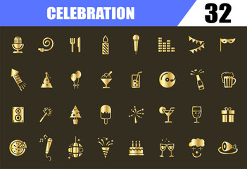 Party icon set. Celebration icons. happy gold sign. modern icons.