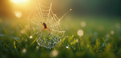 A spider sits in the center of a spider web in the grass