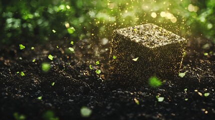 Abstract Biodegradable Packaging Concept with Glowing Particles in Soil