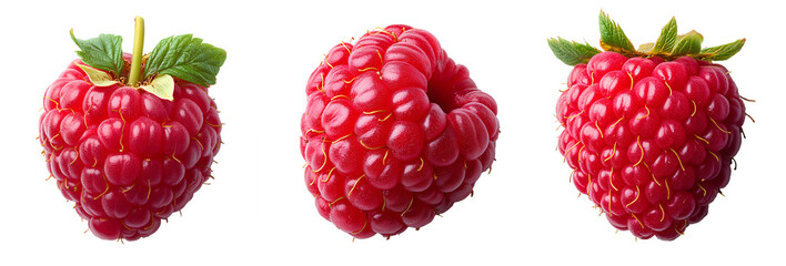 Wall Mural - Raspberry set PNG. Set of raspberries different views PNG. raspberry with leaf png. Fresh, vibrant red raspberry with natural texture and detailed, plump drupelets isolated. organic raspberry PNG.