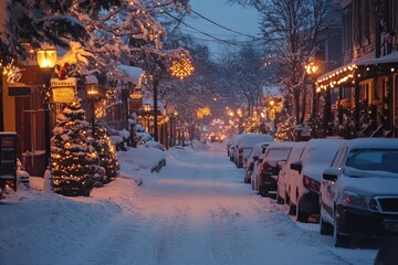 Wall Mural - christmas lights illuminating snowy street at dusk