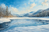 Mountain lake in early spring, thaw, drifting ice