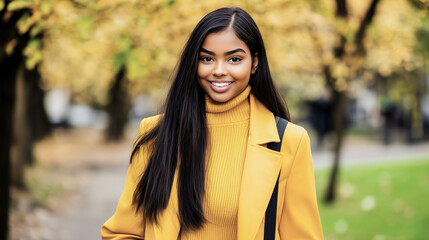 stylish hispanic girl or latina in a radiant yellow coat posing amidst the warm golden hues of an au