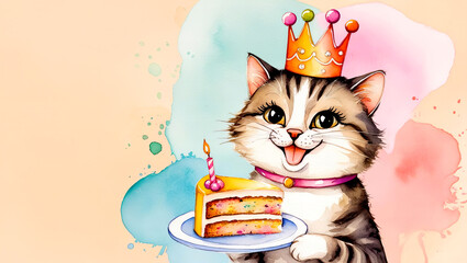 Wall Mural - Happy Birthday Cat Illustration: A cute and colorful illustration of a cat wearing a birthday hat and eating cake. 3