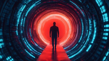 Poster - Mysterious Journey Through a Futuristic Portal with a Silhouette of a Man Representing Exploration and Technology in a Digital Environment