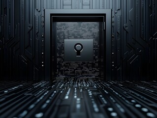 Poster - Conceptual representation of cyber security with a digital vault door in a futuristic data environment emphasizing protection and privacy in technology.