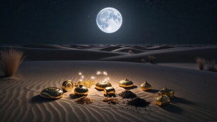 gold treasures and frankincense under full moon in desert