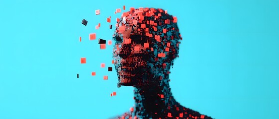 Poster - Abstract representation of a fragmented human head made of colorful cubes against a bright blue background, symbolizing technology, identity, and data fragmentation in the digital era.
