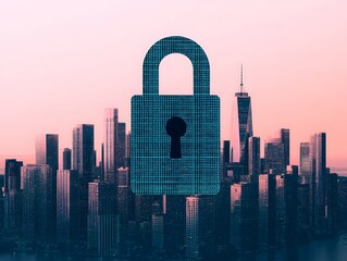 Poster - Digital Lock Symbol Over Cityscape at Dusk, Representing Security and Protection in Urban Environment, Modern Architecture and Technology Concept