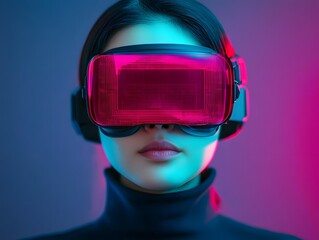 Aufkleber - Futuristic Woman Wearing Virtual Reality Headset with Neon Lighting, Immersed in a Virtual World Experience, Embracing Technology and Innovation in Modern Society