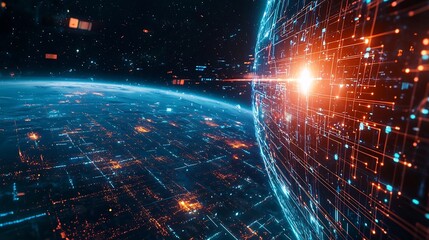 Canvas Print - futuristic vision of earth covered in glowing neon grids and digital interfaces symbolizing technolo