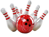 Red bowling ball striking pins, isolated on a transparent background, symbolizing sport and recreation. Cut out or PNG.