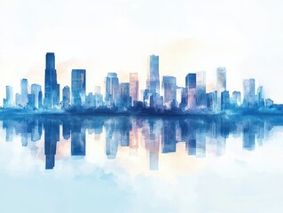 Wall Mural - Dreamy Watercolor Skyline with Reflections in Calm Blue Tones