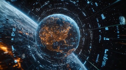 Canvas Print - digital view of earth surrounded by satellite grid symbolizing global communication and space techno