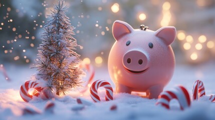 Poster - A cheerful piggy bank stands next to a miniature Christmas tree, surrounded by candy canes in fresh snow. The scene captures the warmth of the holiday spirit during a winter evening.