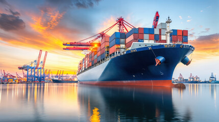 Large container ship docking at a busy port