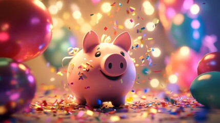 Poster - A smiling piggy bank sits amidst vibrant balloons and scattered confetti, creating a joyful atmosphere at a celebration. The warm lights enhance the festive mood, inviting happiness.