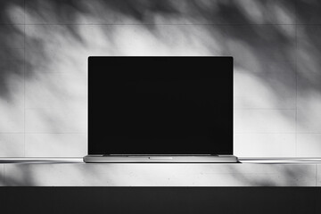 Wall Mural - scene with an open laptop with a blank screen on a concrete background
