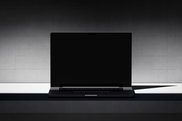 Wall Mural - scene with an open laptop with a blank screen on a concrete background