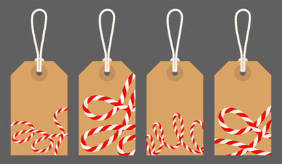 Wall Mural - Empty blank  festive craft Christmas New Year tag with bow and ribbons for sale. Kraft paper background, textbox tied up with cotton red rope bakers twine. Packing string for present. Vector EPS10