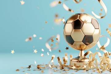Wall Mural - golden soccer ball trophy with celebratory ribbons and confetti on light blue background