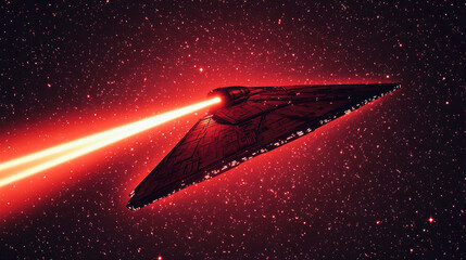 silhouette of a battle spaceship firing laser beams across a starry night sky