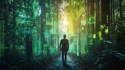 Poster - Businessman Navigating Sustainable Business Through Digital Forest Landscape