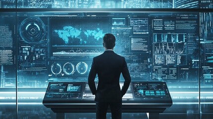 Poster - Businessman Using Futuristic Digital Interface to Analyze Environmental Data and Strategies