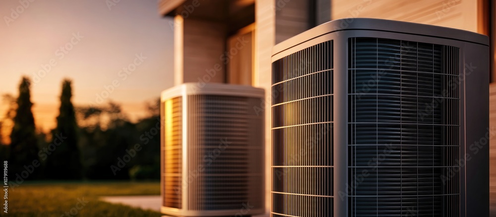 Close up of a split type inverter air conditioner condenser connected ...