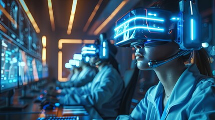 Woman in a VR Headset and Lab Coat Working at a Computer Station