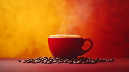 Wall Mural - A red coffee cup with a cheerful and vibrant red and yellow background. 