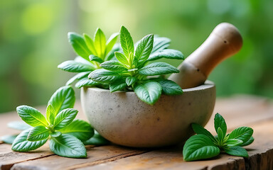 Green sage leaves and pestle in mortar on wooden table, fresh green leaves, culinary herbs, natural medicine, aromatherapy