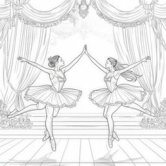 Poster - A ballet recital on stage, coloring page for kids, simple outline illustration. Coloring book, simple lines.