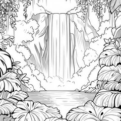 Canvas Print - A magical waterfall in a mystical rainforest, coloring page for kids, simple outline illustration. Coloring book, simple lines.