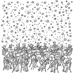 Canvas Print - An orchestra playing under the stars, coloring page for kids, simple outline illustration. Coloring book, simple lines.