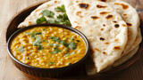 Porcja aromatycznego dal curry, serwowana z naanem, zachęca głębokimi, pikantnymi smakami