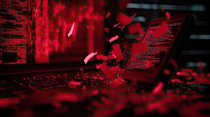 a dynamic, abstract representation of digital chaos, featuring a fragmented smartphone amid a backdr