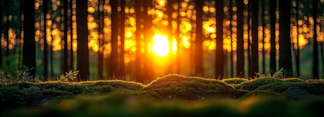 Wall Mural - sun is setting in a forest with trees and grass. the sun is orange and the sky is blue