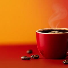 Wall Mural - A red coffee cup with a cheerful and vibrant red and yellow background. 