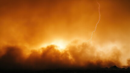 Wall Mural - stormy sky with a lightning bolt in the distance. the sky is orange and hazy, giving the impression 