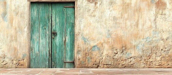 Charming green wooden door with weathered texture against a rustic stucco wall ideal for home decor inspiration