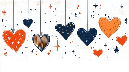 Wall Mural - Row of hearts hanging from a string, with some of them having stripes. The hearts are of different sizes and colors, and they are all hanging from the same string. Scene is cheerful and playful