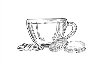 Cup of coffee, traditional French macarons and coffee bean heap vector isolated illustration painted by black inks. Glass mug with hot drink, sweets for breakfast etching drawing. For package design