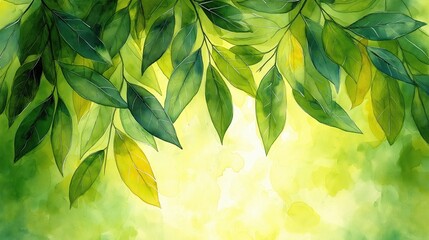 Wall Mural - painting of a leafy green tree with a bright yellow background. the painting conveys a sense of fres