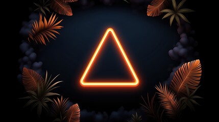Wall Mural - neon triangle is surrounded by leaves and is lit up. the image has a tropical feel to it