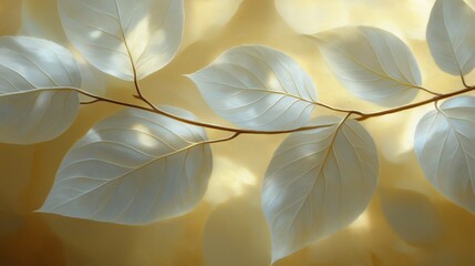 Wall Mural - leafy branch with a golden background. the leaves are white and the background is yellow. concept of